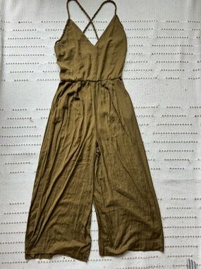 Zara Olive Green Wide-Leg Linen-Blend Jumpsuit